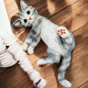 Lifelike Playful Grey White Stripe Tabby Cat Statue 6” Glass Eyes Hand Painted